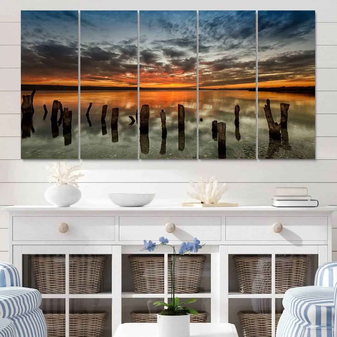 Sunset Reflection on Wooden Pier Giclee Canvas Print – Panoramic Wall Art for Modern Living Room, Serene Nature Photography Print