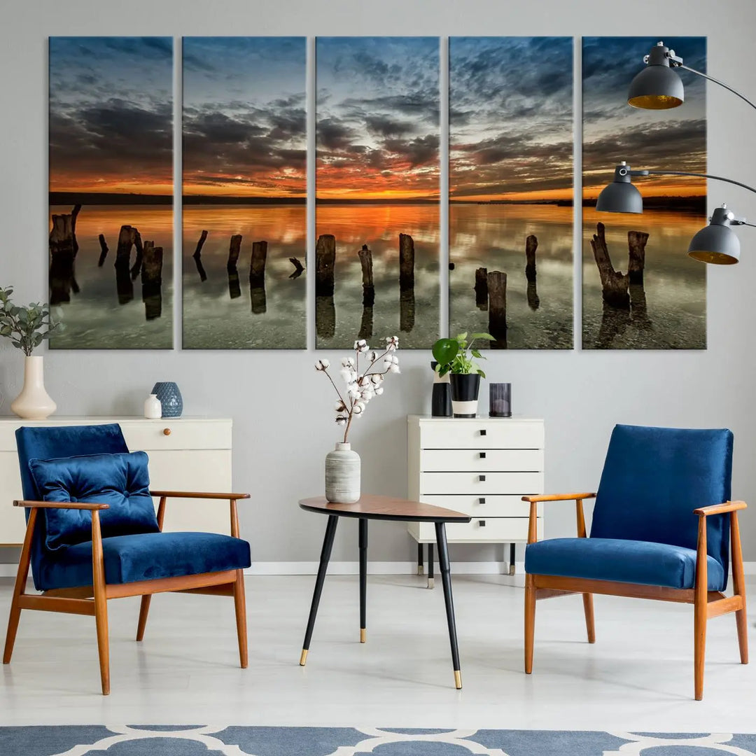 Sunset Reflection on Wooden Pier Giclee Canvas Print – Panoramic Wall Art for Modern Living Room, Serene Nature Photography Print