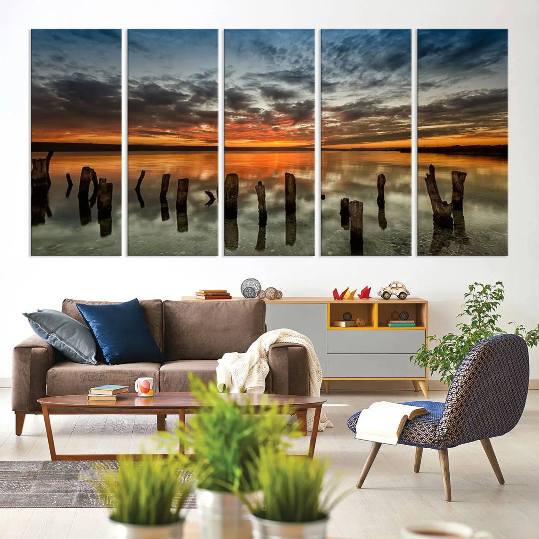 Sunset Reflection on Wooden Pier Giclee Canvas Print – Panoramic Wall Art for Modern Living Room, Serene Nature Photography Print