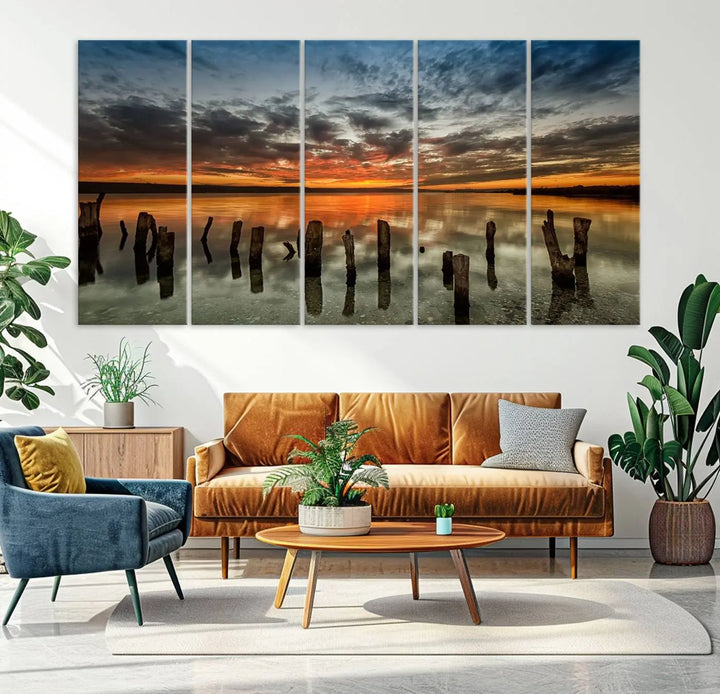 Sunset Reflection on Wooden Pier Giclee Canvas Print – Panoramic Wall Art for Modern Living Room, Serene Nature Photography Print