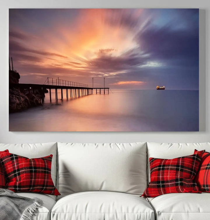 Sunset serenity pier canvas art, giclee canvas print with gallery wrap and Canon print quality, perfect for modern coastal decor.