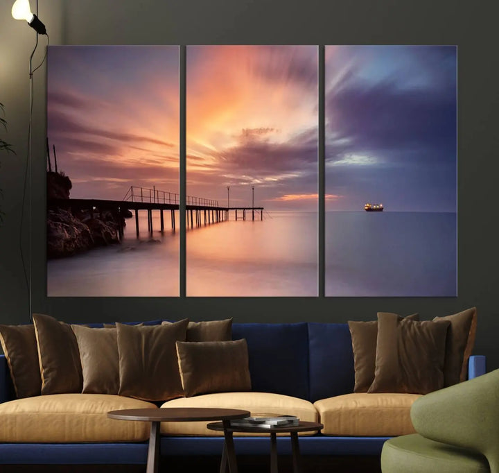 Sunset serenity pier canvas art, giclee canvas print with gallery wrap and Canon print quality, perfect for modern coastal decor.