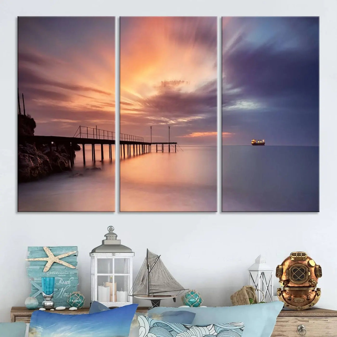 Sunset serenity pier canvas art, giclee canvas print with gallery wrap and Canon print quality, perfect for modern coastal decor.