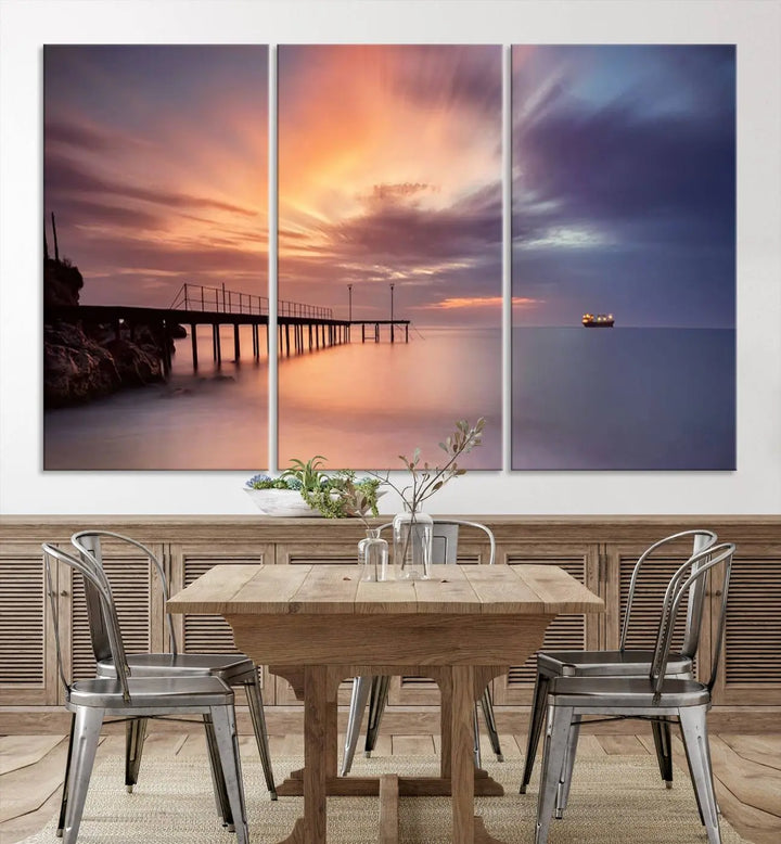 Sunset serenity pier canvas art, giclee canvas print with gallery wrap and Canon print quality, perfect for modern coastal decor.