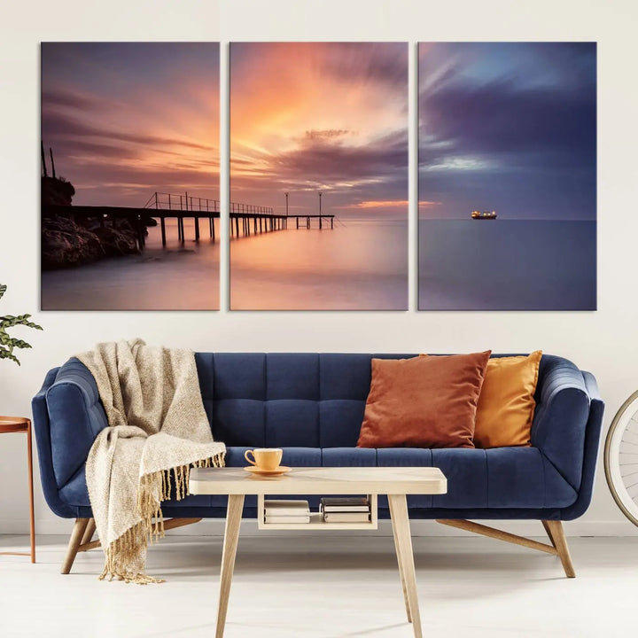 Sunset serenity pier canvas art, giclee canvas print with gallery wrap and Canon print quality, perfect for modern coastal decor.