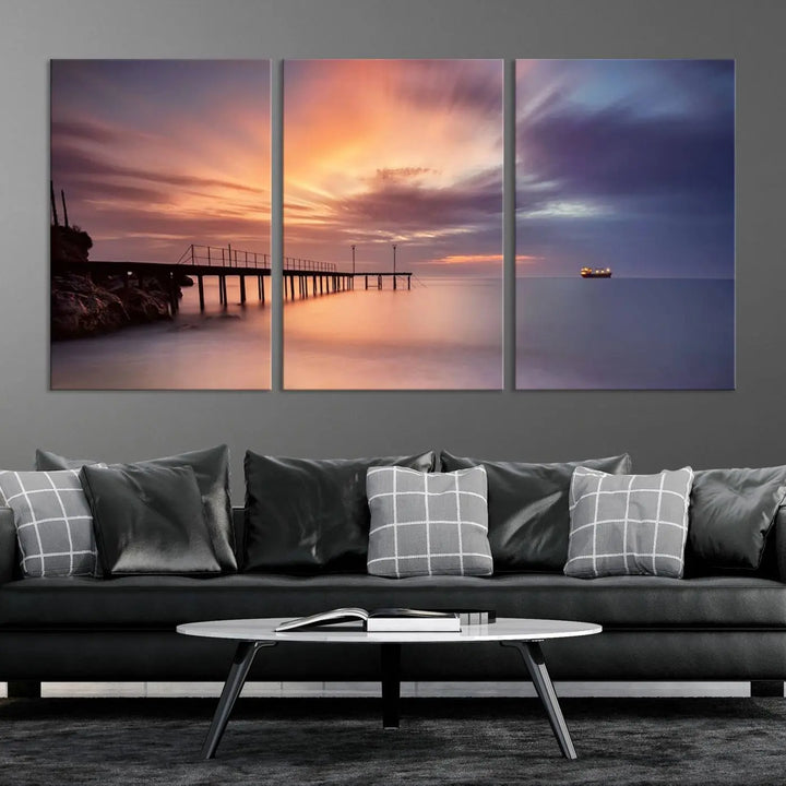 Sunset serenity pier canvas art, giclee canvas print with gallery wrap and Canon print quality, perfect for modern coastal decor.