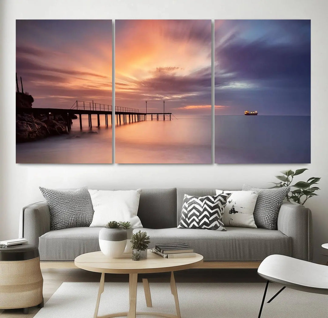 Sunset serenity pier canvas art, giclee canvas print with gallery wrap and Canon print quality, perfect for modern coastal decor.