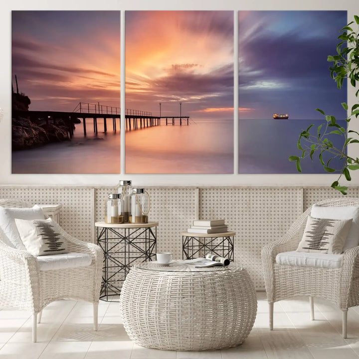 Sunset serenity pier canvas art, giclee canvas print with gallery wrap and Canon print quality, perfect for modern coastal decor.