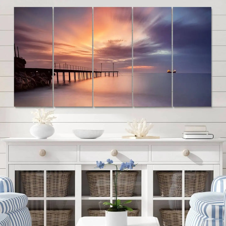 Sunset serenity pier canvas art, giclee canvas print with gallery wrap and Canon print quality, perfect for modern coastal decor.