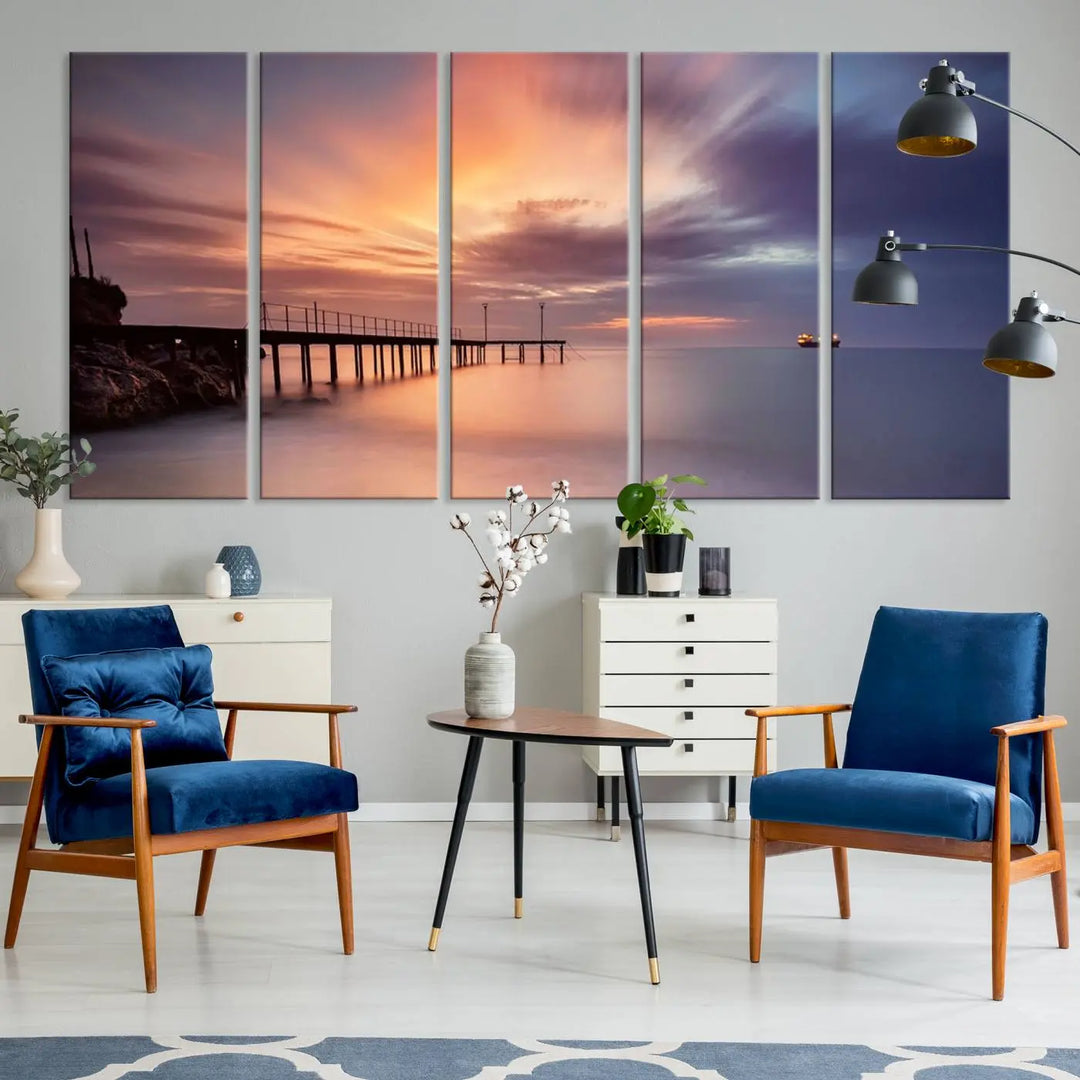 Sunset serenity pier canvas art, giclee canvas print with gallery wrap and Canon print quality, perfect for modern coastal decor.