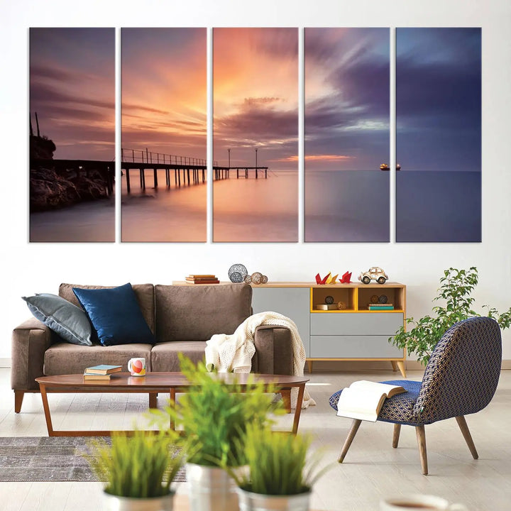 Sunset serenity pier canvas art, giclee canvas print with gallery wrap and Canon print quality, perfect for modern coastal decor.