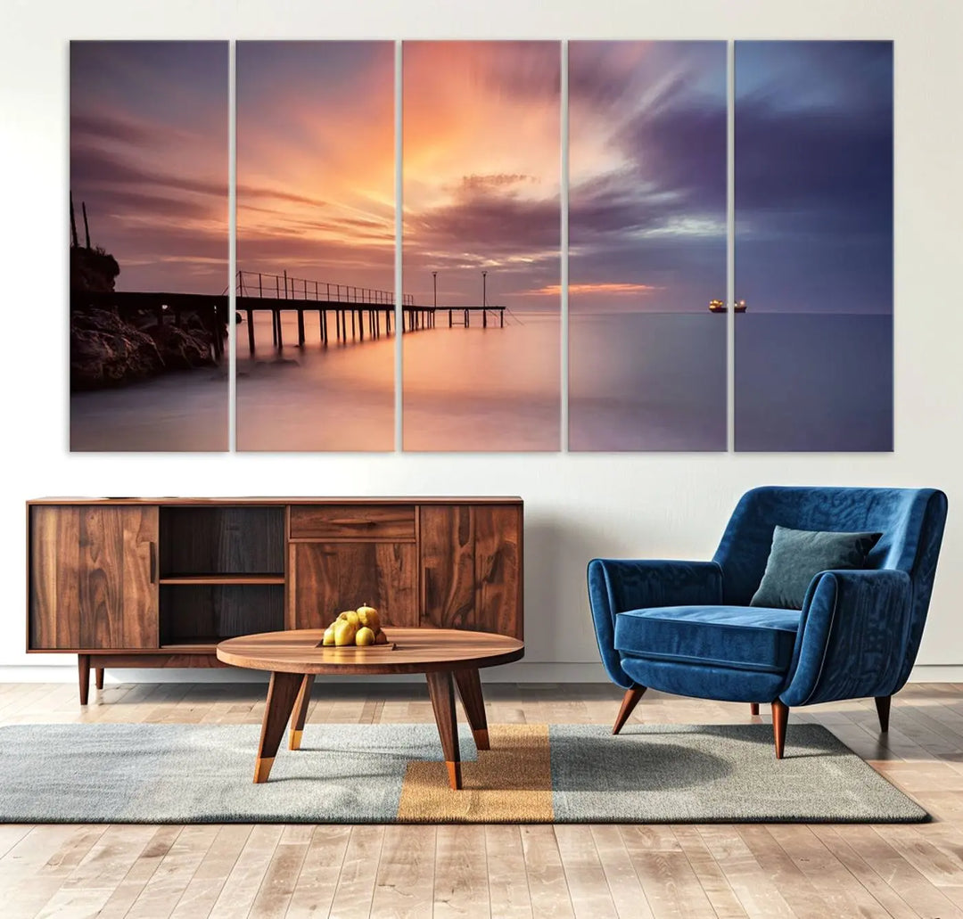 Sunset serenity pier canvas art, giclee canvas print with gallery wrap and Canon print quality, perfect for modern coastal decor.