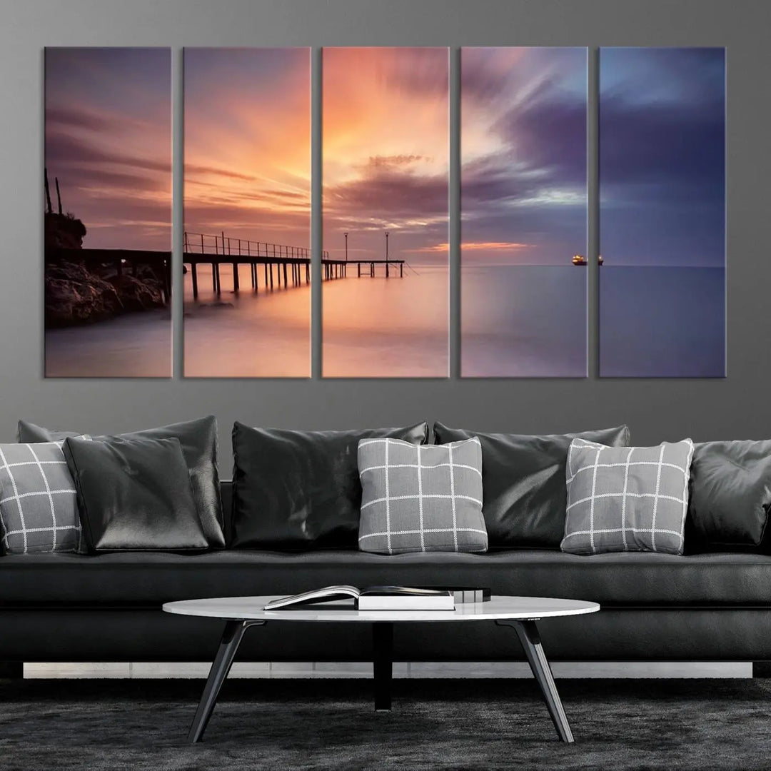 Sunset serenity pier canvas art, giclee canvas print with gallery wrap and Canon print quality, perfect for modern coastal decor.