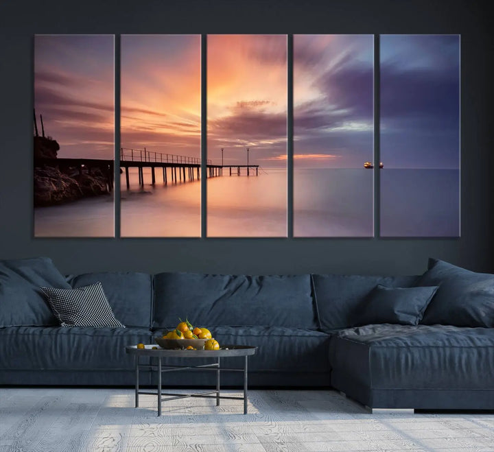 Sunset serenity pier canvas art, giclee canvas print with gallery wrap and Canon print quality, perfect for modern coastal decor.