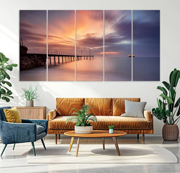 Sunset serenity pier canvas art, giclee canvas print with gallery wrap and Canon print quality, perfect for modern coastal decor.