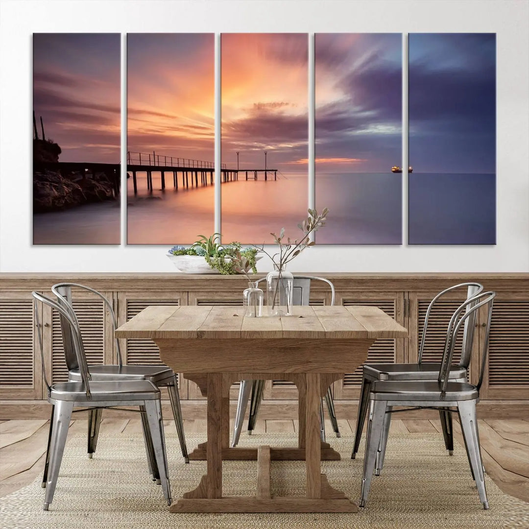 Sunset serenity pier canvas art, giclee canvas print with gallery wrap and Canon print quality, perfect for modern coastal decor.