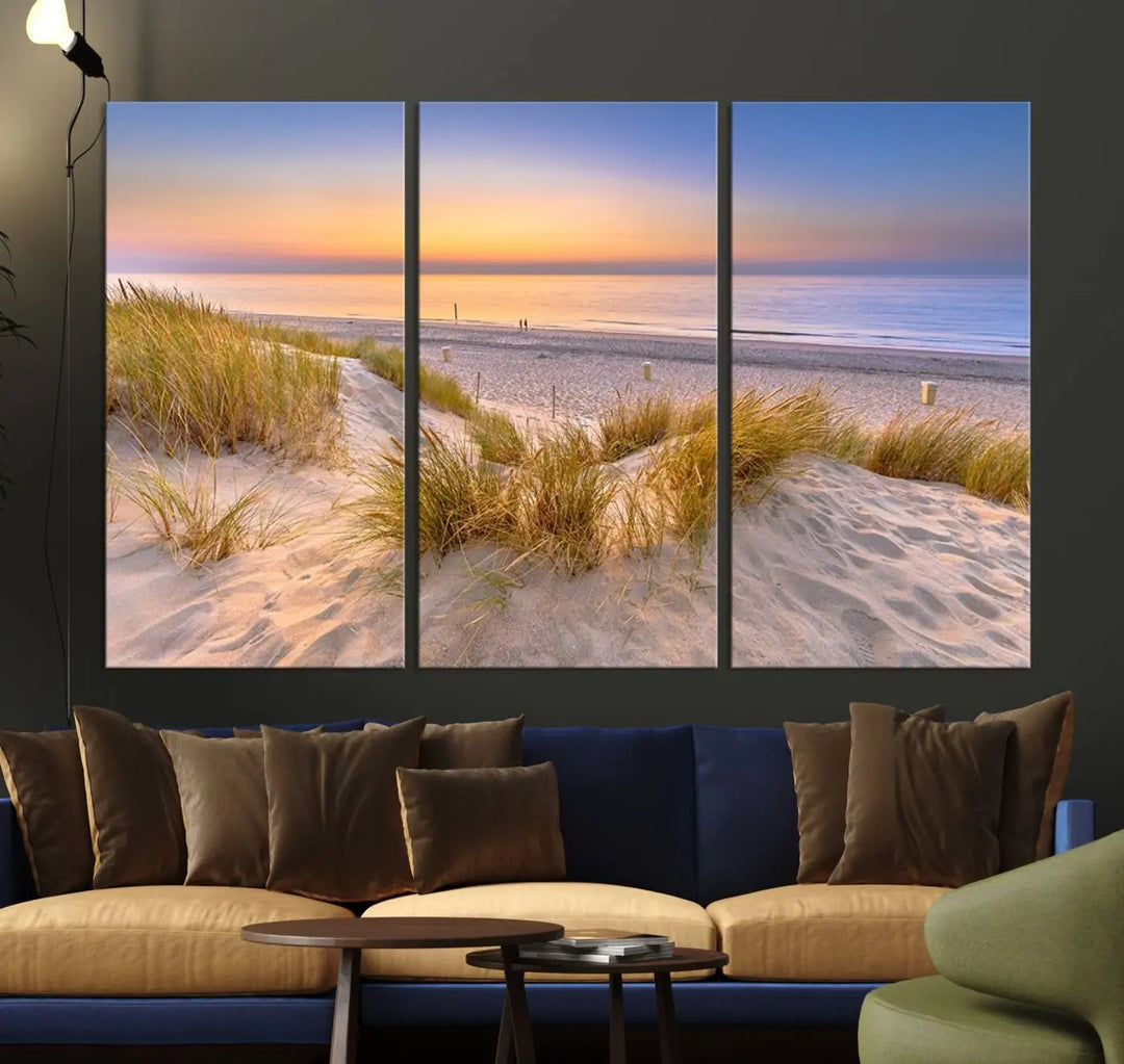 The "Sunset Silence on the Beach" wall art canvas print features a serene beach scene at sunset on museum-quality canvas with a UV-protective coating.