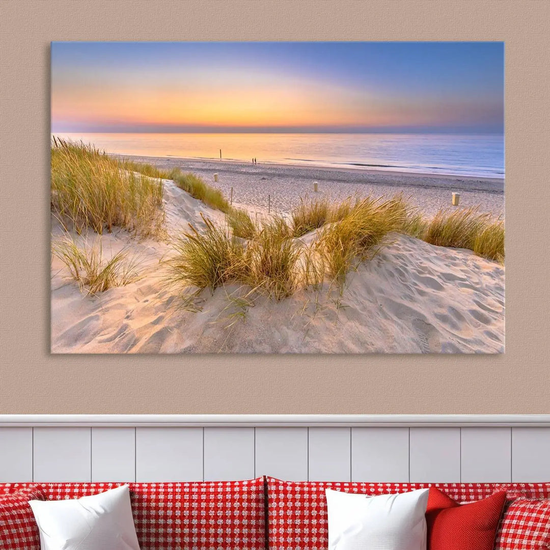 The "Sunset Silence on the Beach" wall art canvas print features a serene beach scene at sunset on museum-quality canvas with a UV-protective coating.