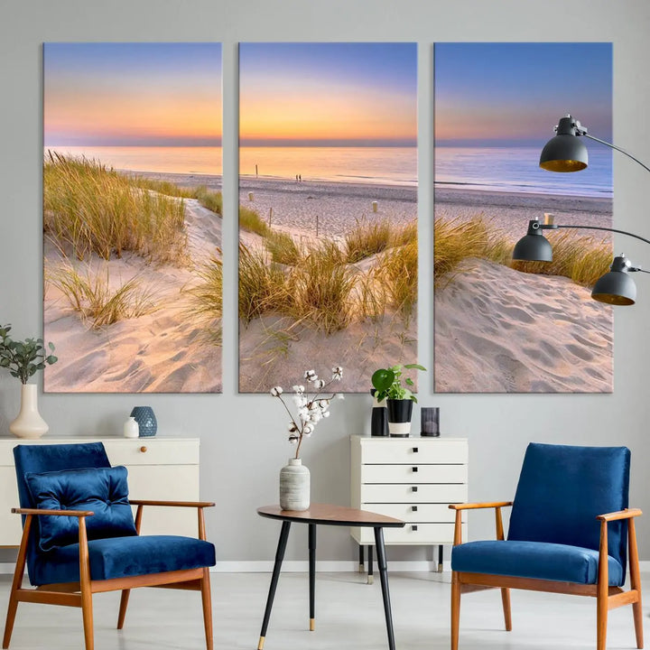 The "Sunset Silence on the Beach" wall art canvas print features a serene beach scene at sunset on museum-quality canvas with a UV-protective coating.