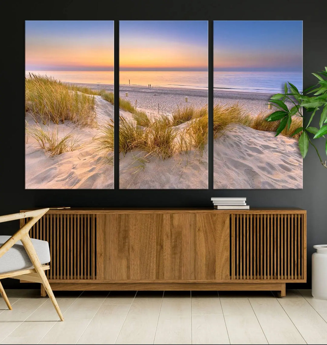 The "Sunset Silence on the Beach" wall art canvas print features a serene beach scene at sunset on museum-quality canvas with a UV-protective coating.