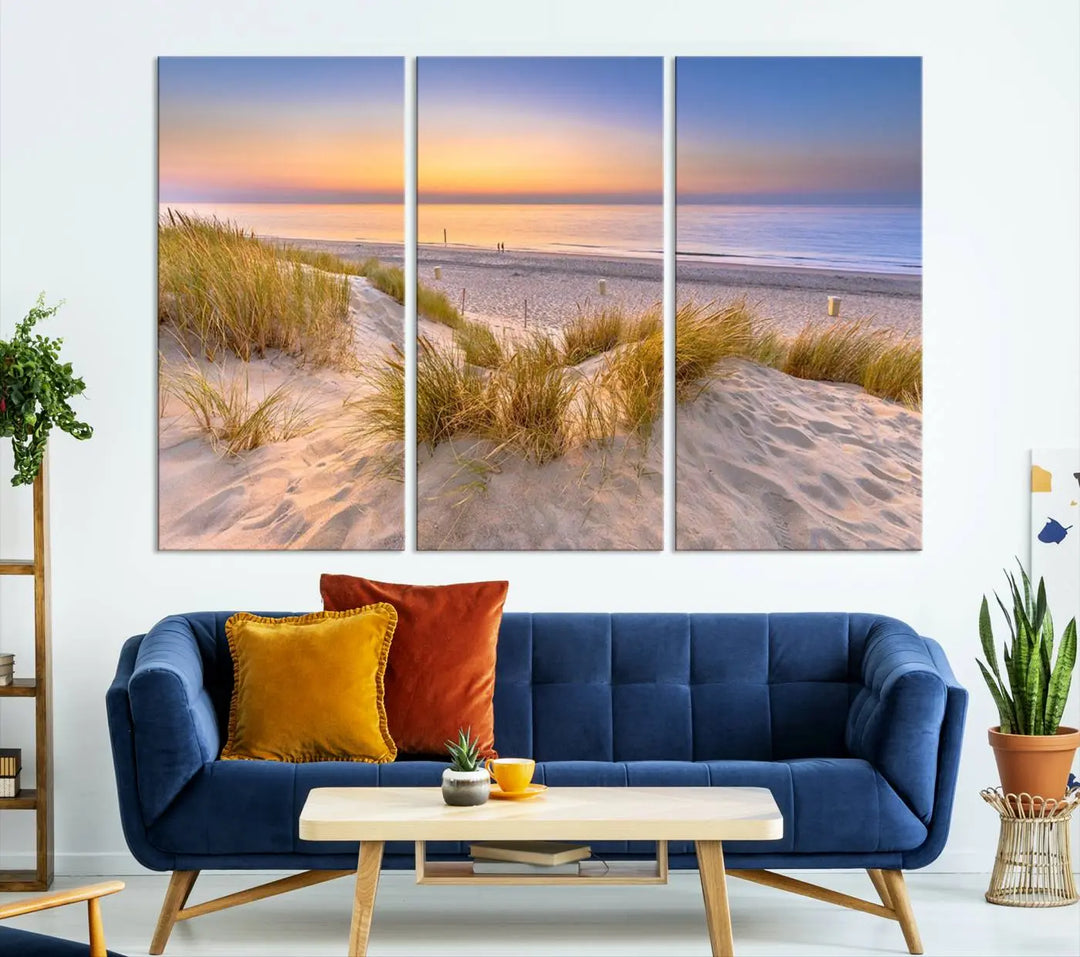 The "Sunset Silence on the Beach" wall art canvas print features a serene beach scene at sunset on museum-quality canvas with a UV-protective coating.