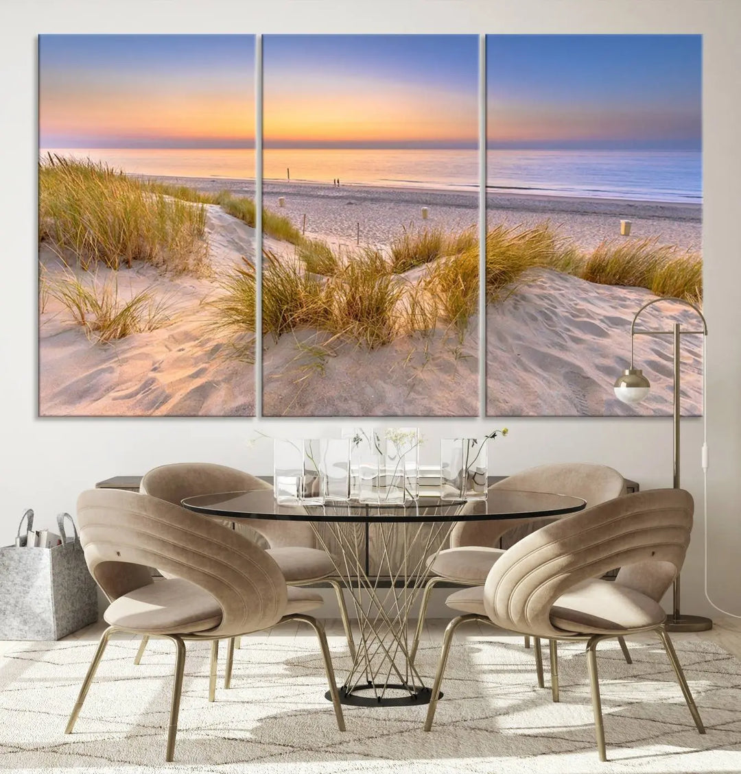 The "Sunset Silence on the Beach" wall art canvas print features a serene beach scene at sunset on museum-quality canvas with a UV-protective coating.