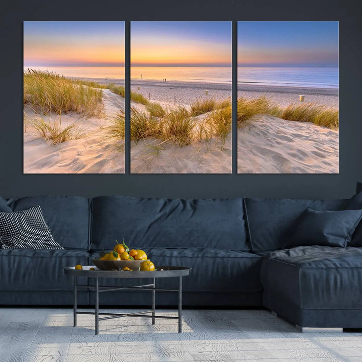 The "Sunset Silence on the Beach" wall art canvas print features a serene beach scene at sunset on museum-quality canvas with a UV-protective coating.