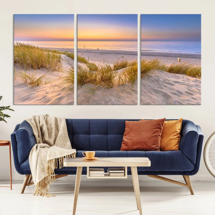 The "Sunset Silence on the Beach" wall art canvas print features a serene beach scene at sunset on museum-quality canvas with a UV-protective coating.