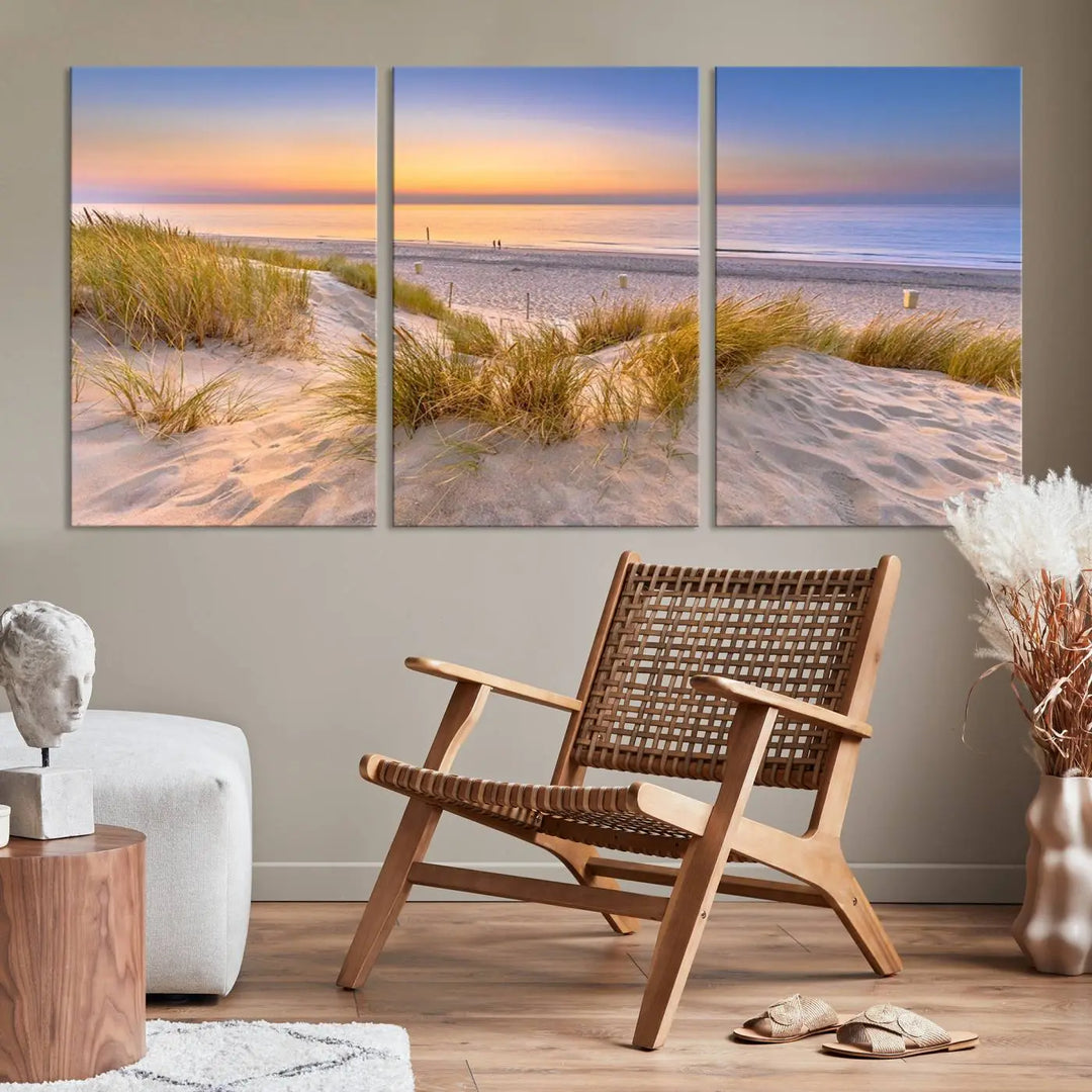 The "Sunset Silence on the Beach" wall art canvas print features a serene beach scene at sunset on museum-quality canvas with a UV-protective coating.