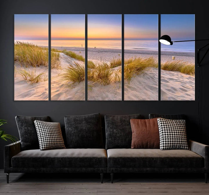 The "Sunset Silence on the Beach" wall art canvas print features a serene beach scene at sunset on museum-quality canvas with a UV-protective coating.