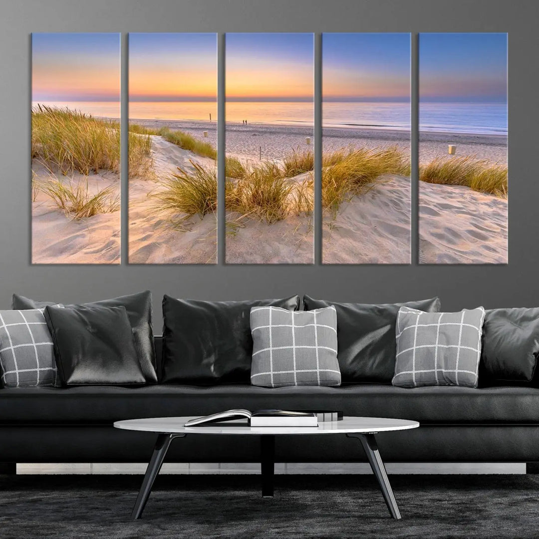 The "Sunset Silence on the Beach" wall art canvas print features a serene beach scene at sunset on museum-quality canvas with a UV-protective coating.