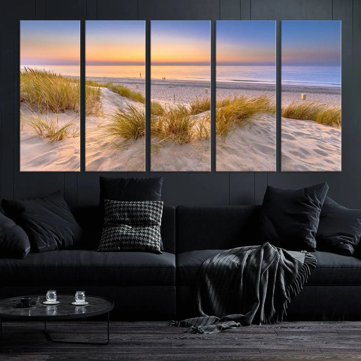 The "Sunset Silence on the Beach" wall art canvas print features a serene beach scene at sunset on museum-quality canvas with a UV-protective coating.