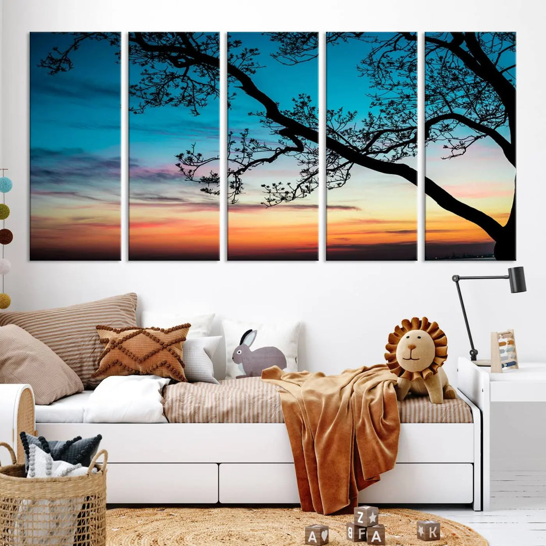 The "Sunset Tree Leaves Wall Art Canvas Print" features a triptych of tree branches against a vibrant sunset sky. Each piece is printed on museum-quality canvas and finished with a UV-protective coating, ensuring it is both stunning and ready to hang.