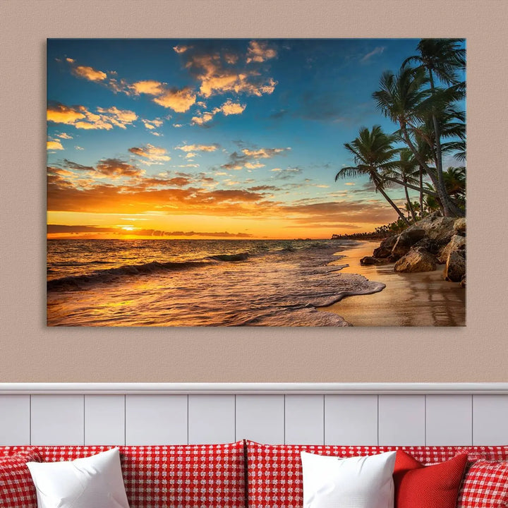 The Sunset Wall Art Canvas Print beautifully enhances the living room. This tropical triptych, crafted on museum-quality canvas, depicts a sunset with palm trees and adds a touch of paradise to the space. Enjoy the charm of hand-assembled frames with free shipping included.