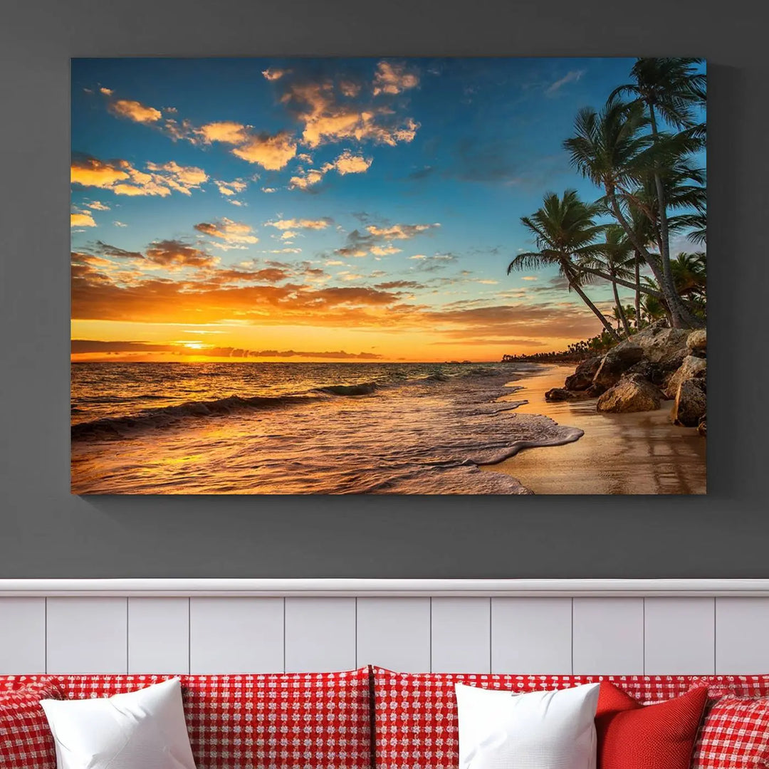 The Sunset Wall Art Canvas Print beautifully enhances the living room. This tropical triptych, crafted on museum-quality canvas, depicts a sunset with palm trees and adds a touch of paradise to the space. Enjoy the charm of hand-assembled frames with free shipping included.