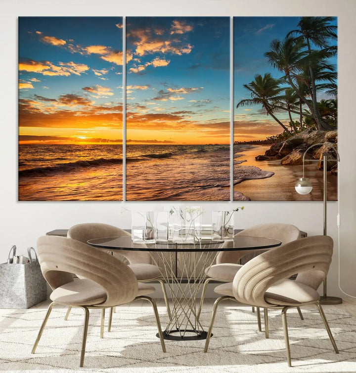 The Sunset Wall Art Canvas Print beautifully enhances the living room. This tropical triptych, crafted on museum-quality canvas, depicts a sunset with palm trees and adds a touch of paradise to the space. Enjoy the charm of hand-assembled frames with free shipping included.