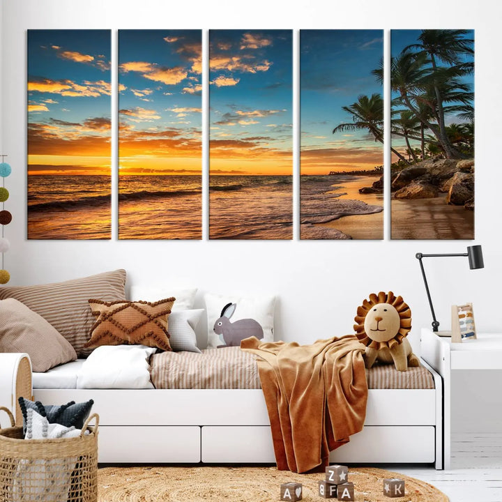 The Sunset Wall Art Canvas Print beautifully enhances the living room. This tropical triptych, crafted on museum-quality canvas, depicts a sunset with palm trees and adds a touch of paradise to the space. Enjoy the charm of hand-assembled frames with free shipping included.