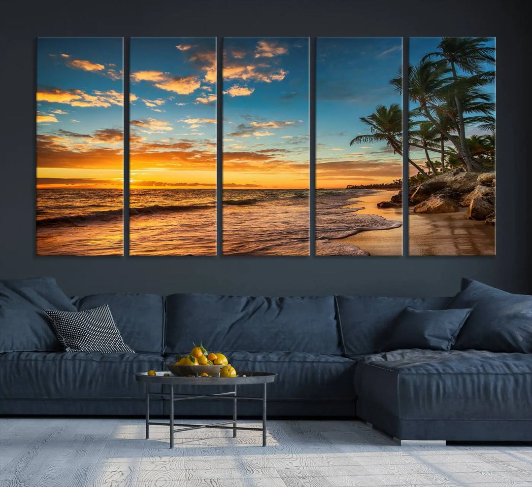 The Sunset Wall Art Canvas Print beautifully enhances the living room. This tropical triptych, crafted on museum-quality canvas, depicts a sunset with palm trees and adds a touch of paradise to the space. Enjoy the charm of hand-assembled frames with free shipping included.