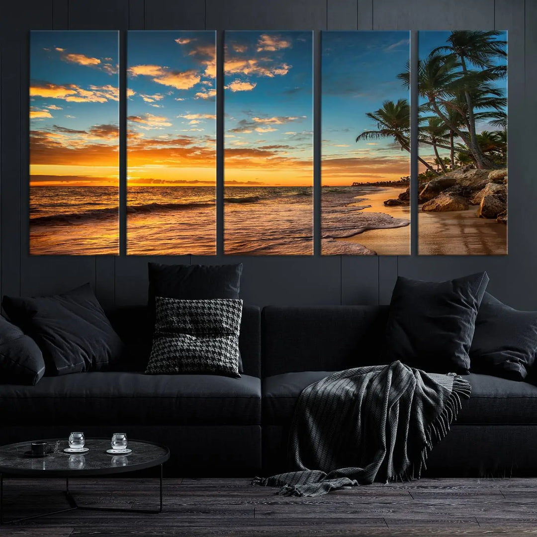 The Sunset Wall Art Canvas Print beautifully enhances the living room. This tropical triptych, crafted on museum-quality canvas, depicts a sunset with palm trees and adds a touch of paradise to the space. Enjoy the charm of hand-assembled frames with free shipping included.