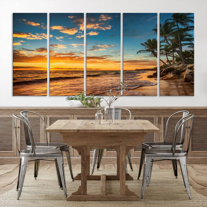 The Sunset Wall Art Canvas Print beautifully enhances the living room. This tropical triptych, crafted on museum-quality canvas, depicts a sunset with palm trees and adds a touch of paradise to the space. Enjoy the charm of hand-assembled frames with free shipping included.