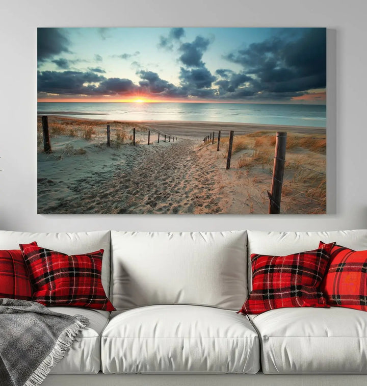 The living room features a Sunset and Beach Wall Art Canvas Print.