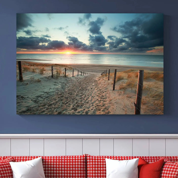 The living room features a Sunset and Beach Wall Art Canvas Print.