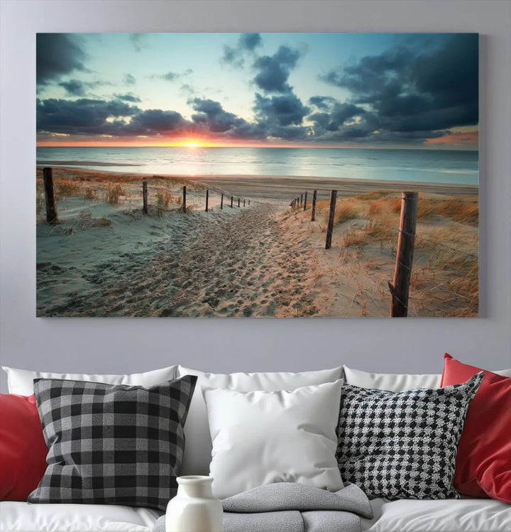 The living room features a Sunset and Beach Wall Art Canvas Print.