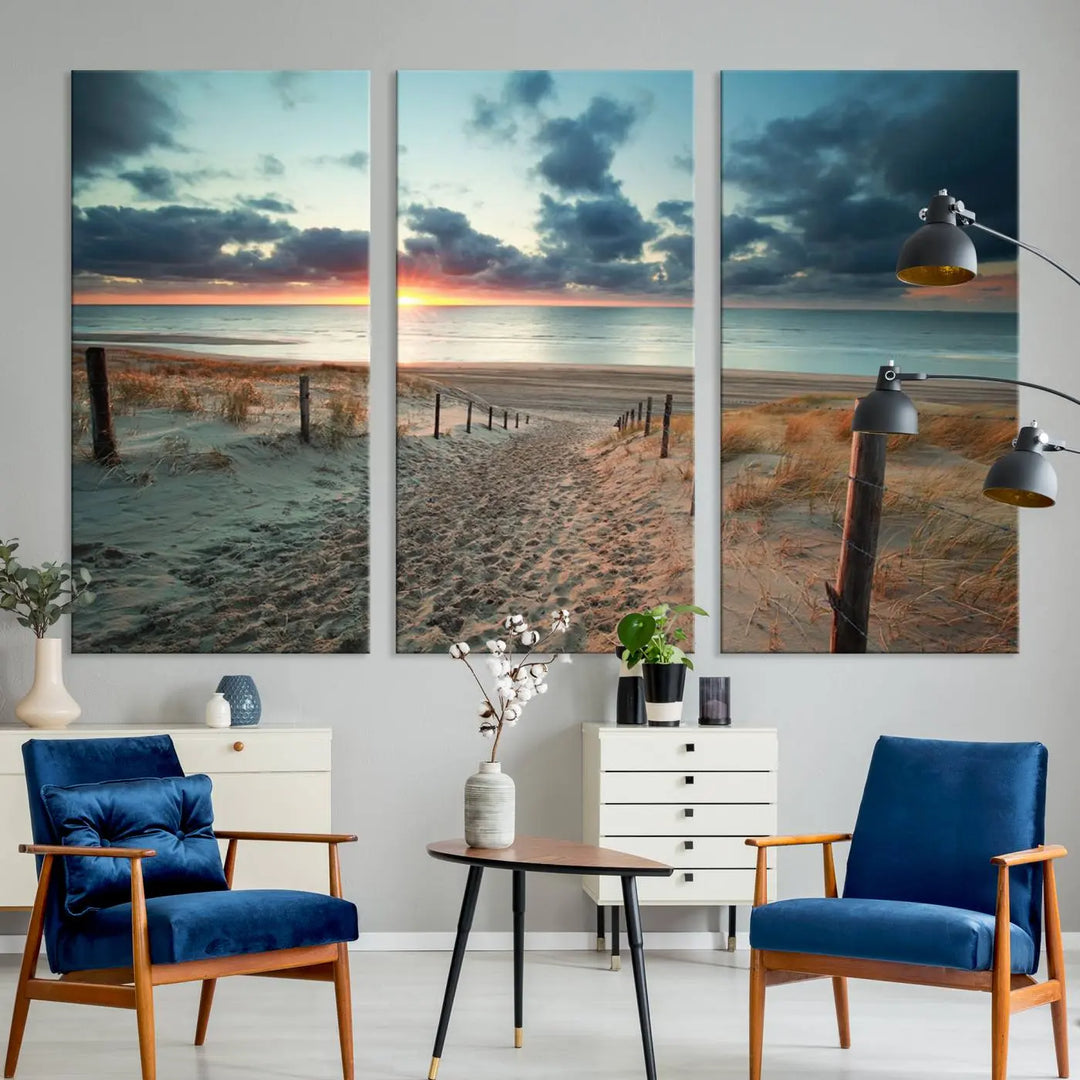 The living room features a Sunset and Beach Wall Art Canvas Print.