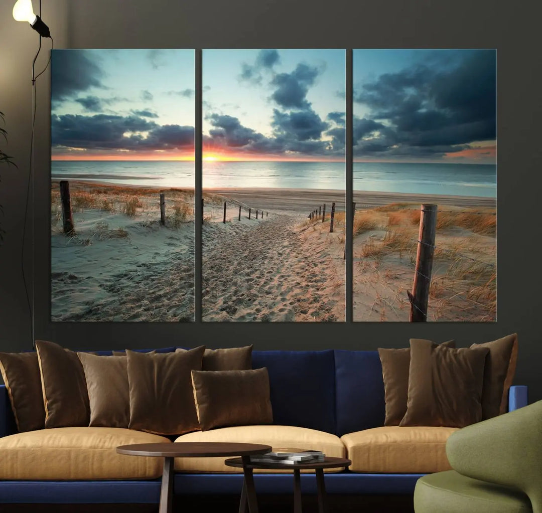 The living room features a Sunset and Beach Wall Art Canvas Print.