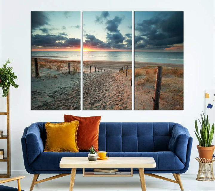 The living room features a Sunset and Beach Wall Art Canvas Print.