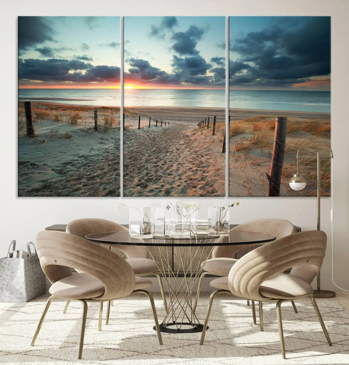 The living room features a Sunset and Beach Wall Art Canvas Print.