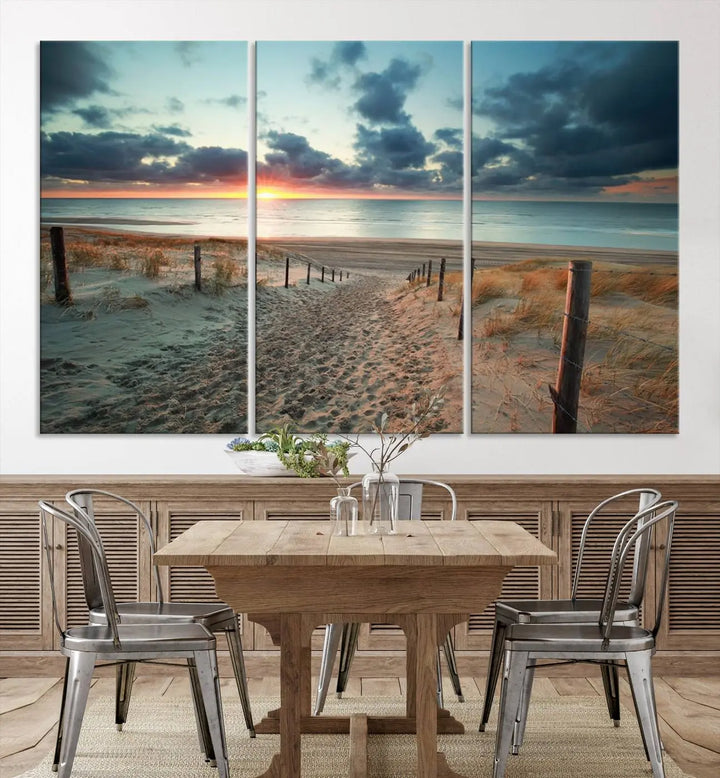 The living room features a Sunset and Beach Wall Art Canvas Print.