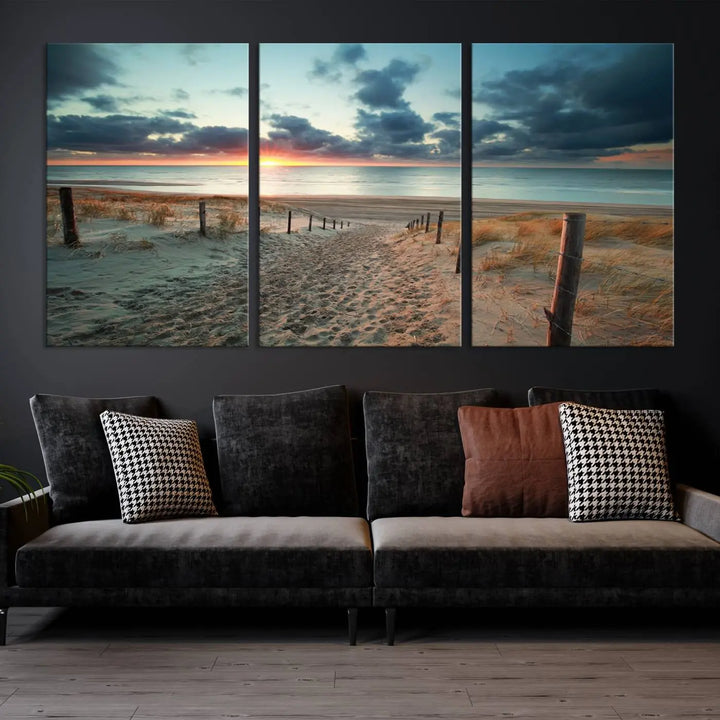 The living room features a Sunset and Beach Wall Art Canvas Print.