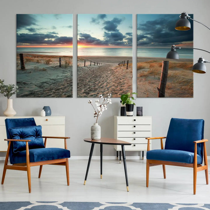 The living room features a Sunset and Beach Wall Art Canvas Print.